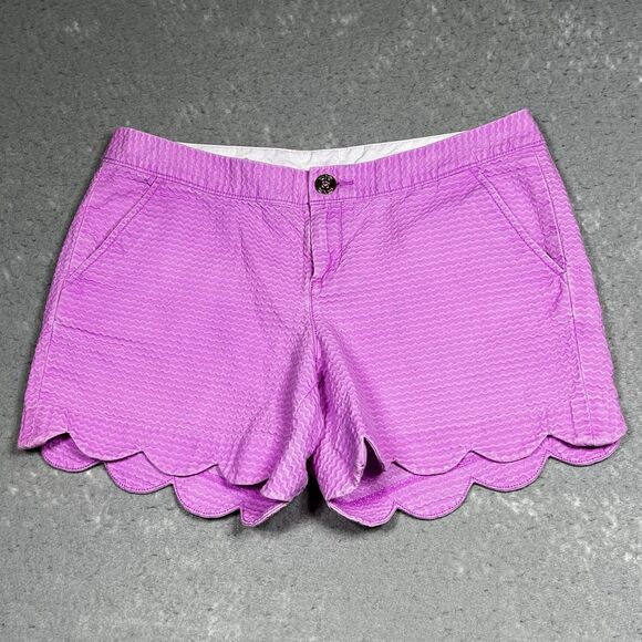Lilly Pulitzer Shorts Buttercup Knit Womens 6 Purple Stretched Pockets Scalloped - Picture 1 of 14